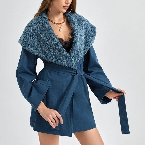 Blue Casual Womens Teddy Coat - Picture 2 of 5